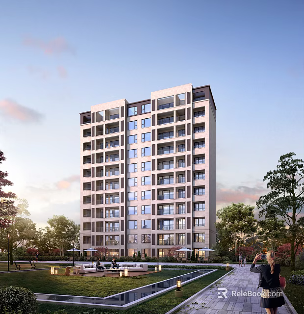 Modern High Rise Residential Building With Lush Trees And Park Area 3d model 