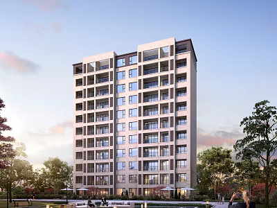 Modern High Rise Residential Building With Lush Trees And Park Area 3d model