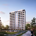 Modern High Rise Residential Building With Lush Trees And Park Area