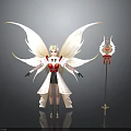 Elegant Fairy Character With Large White Wings Red And White Outfit And Decorative Staff