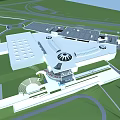 Large Modern Building With Domed Roofs Parking Lot Green Landscaping And Waterfront