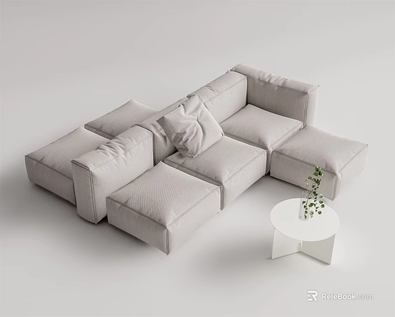 Sectional Sofa Light Gray Modular Plush Cushions and Small White Round Side Table Green Plant 3d model 