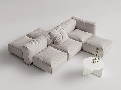 Sectional Sofa Light Gray Modular Plush Cushions and Small White Round Side Table Green Plant 3d model