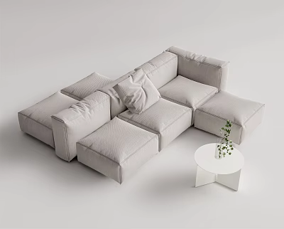 Sectional Sofa Light Gray Modular Plush Cushions and Small White Round Side Table Green Plant 3d model
