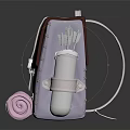 Purple Brown Camping Backpack with Pink Roll Mat and Silver Utensil Holder