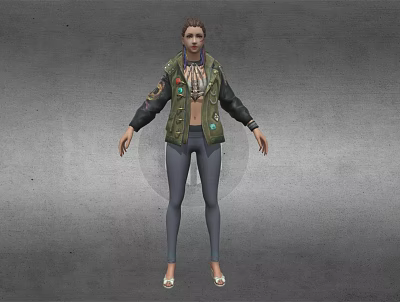 Woman Wearing Green Jacket With Decorative Patches Green Vest Gray Leggings And White Shoes 3d model