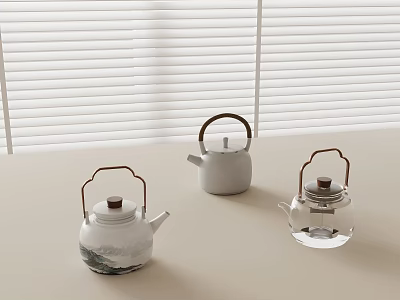 Tea Set Design Featuring Three Teapots White Landscape Painting Transparent Glass On Light Colored Tabletop 3d model