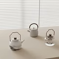 Tea Set Design Featuring Three Teapots White Landscape Painting Transparent Glass On Light Colored Tabletop