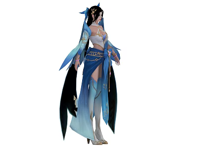 Game and Movie Character in Blue and White Outfit with Long Hair and Flowing Sleeves 3d model