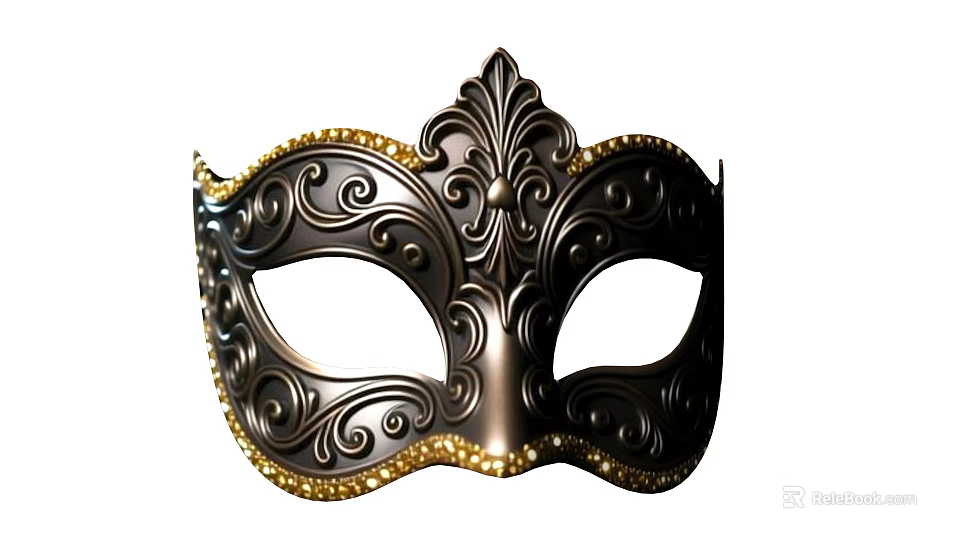 Elegant Black Venetian Mask with Ornate Gold Patterns and Beaded Edges 3d model 