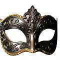 Elegant Black Venetian Mask with Ornate Gold Patterns and Beaded Edges