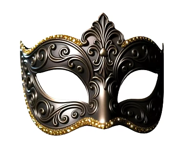 Elegant Black Venetian Mask with Ornate Gold Patterns and Beaded Edges 3d model