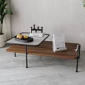 Modern Double Layer Coffee Table With White Top Wooden Shelf Fruits Books And Green Plant