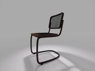 Modern Single Chair With Curved Metal Frame Mesh Backrest And Wooden Seat 3d model