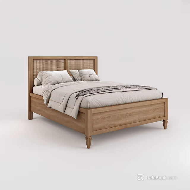 Minimalist Wooden Double Bed with Rattan Headboard Soft Pillows and Neutral Bedspread 3d model 
