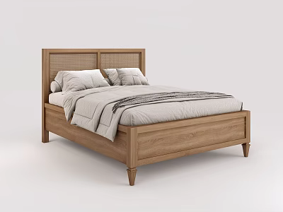 Minimalist Wooden Double Bed with Rattan Headboard Soft Pillows and Neutral Bedspread 3d model