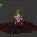 3D Character Model Scene With Shattered Geometric Shapes Red Lines And Stone Platform Base