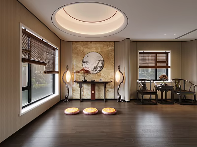Traditional Chinese Interior Design With Round Ceiling Light Circular Painting Floor Lamps And Round Cushions 3d model