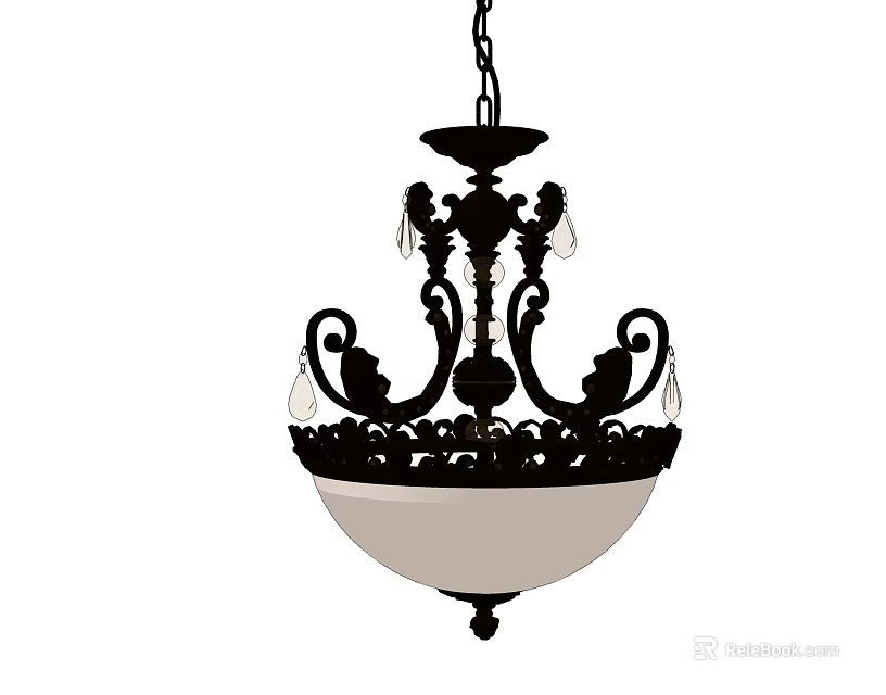 Ornate Classic Chandelier With Intricate Carvings Crystal Pendants And Glass Shade Design 3d model 