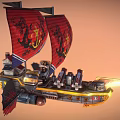 Cartoon Flying Airship With Red Blue Sails Dragon Patterns Yellow Hull And Flaming Details