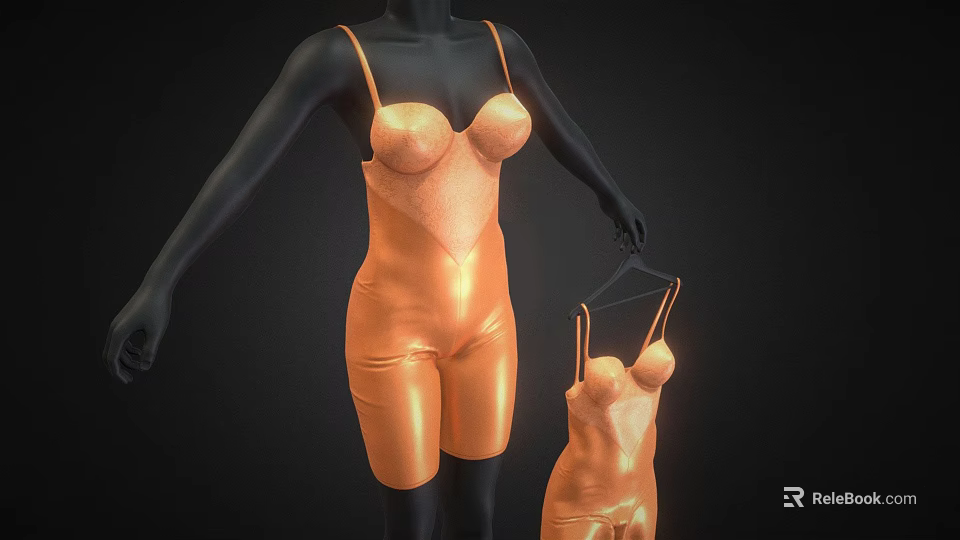 Orange Shiny Leotard Displayed On Black Mannequin With Smaller Hanger Version 3d model 