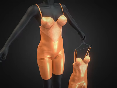 Orange Shiny Leotard Displayed On Black Mannequin With Smaller Hanger Version 3d model