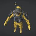 Game Movie Character In Yellow Protective Suit With Gas Mask And Harness Equipment