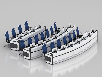 Modern Office Workspace Featuring Ergonomic Blue Chairs And White Desks With Computer Monitors 3d model