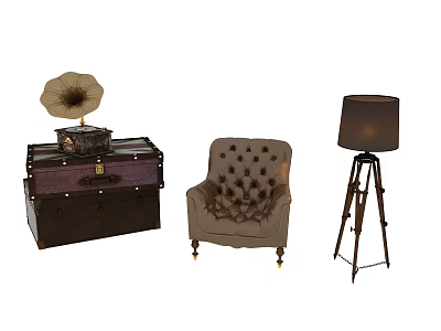 Classic Vintage Bar Interior With Gramophone Leather Armchair And Wooden Floor Lamp 3d model