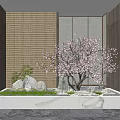 Indoor Landscape With Pink Flowering Tree Stones Green Plants Marble Base And Wooden Walls