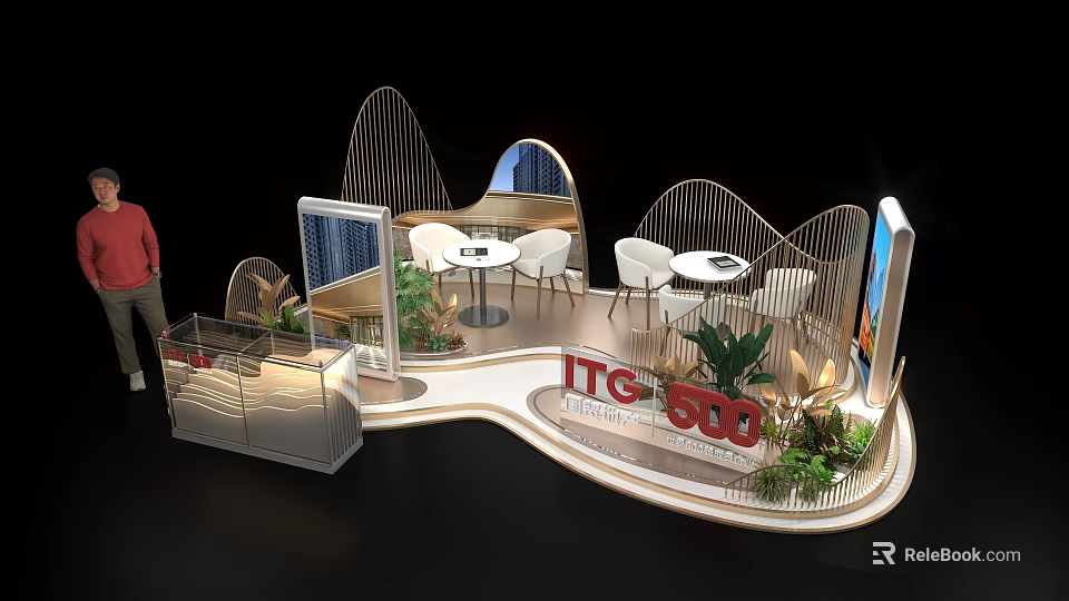 Tobacco And Alcohol Store Booth Design With ITG 600 Sign Curved Structure Tables Green Plants 3d model 