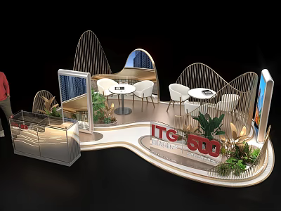 Tobacco And Alcohol Store Booth Design With ITG 600 Sign Curved Structure Tables Green Plants 3d model