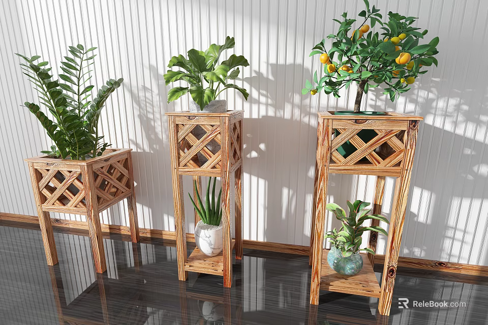 Wooden Plant Stands With Lattice Design For Indoor Green Plants And Home Decor 3d model 