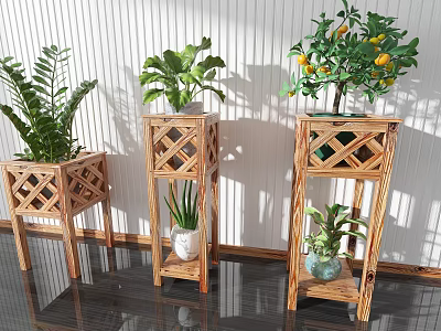 Wooden Plant Stands With Lattice Design For Indoor Green Plants And Home Decor 3d model