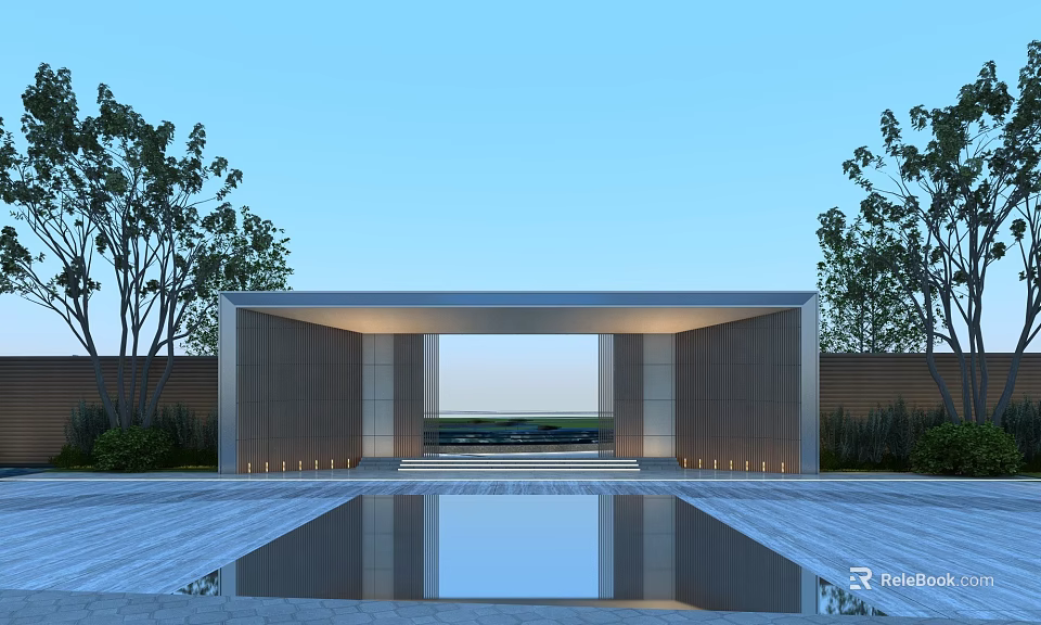 Modern Entrance Gate With Minimalist Design Surrounding Trees Front Reflective Pool and Ambient Lighting 3d model 