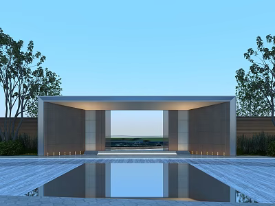 Modern Entrance Gate With Minimalist Design Surrounding Trees Front Reflective Pool and Ambient Lighting 3d model