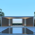 Modern Entrance Gate With Minimalist Design Surrounding Trees Front Reflective Pool and Ambient Lighting