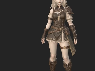 Woman In Leather Outfit With Corset Short Skirt Wrist Guards And Boots 3d model