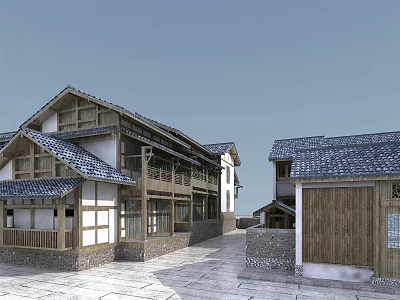Traditional Commercial Street With Chinese Style Wooden Structures Tile Roofs And Stone Paved Streets 3d model