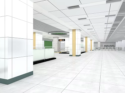 Modern Station Interior With Spacious White Tiles Columns Green Counter And Ceiling Lights 3d model