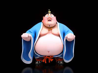 Portly Sumo Style Game Character In Blue Kimono With Orange Obi And Traditional Hat 3d model