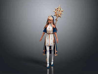 Fantasy Female Mage Character In Blue And White Outfit With Star Shaped Staff 3d model