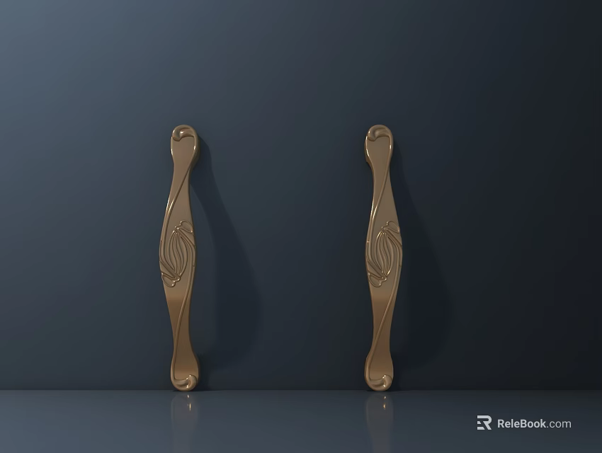 Elegant Golden Cabinet Handles with Intricate Carved Patterns on Dark Background 3d model 