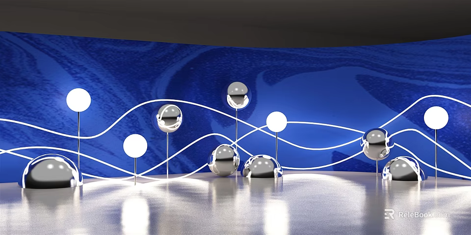 Modern Blue Background Scene With Silver Spherical Balls White Curved Lines And Reflective Floor 3d model 
