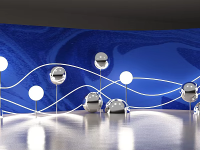 Modern Blue Background Scene With Silver Spherical Balls White Curved Lines And Reflective Floor 3d model