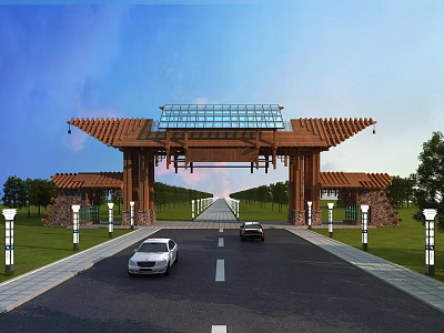 Chinese Style Entrance Gate With Traditional Roof Glass Canopy And Spacious Road 3d model