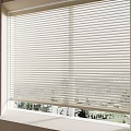 White Venetian Blinds on Modern Window Allowing Natural Light and Outdoor Greenery View
