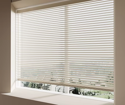 White Venetian Blinds on Modern Window Allowing Natural Light and Outdoor Greenery View 3d model