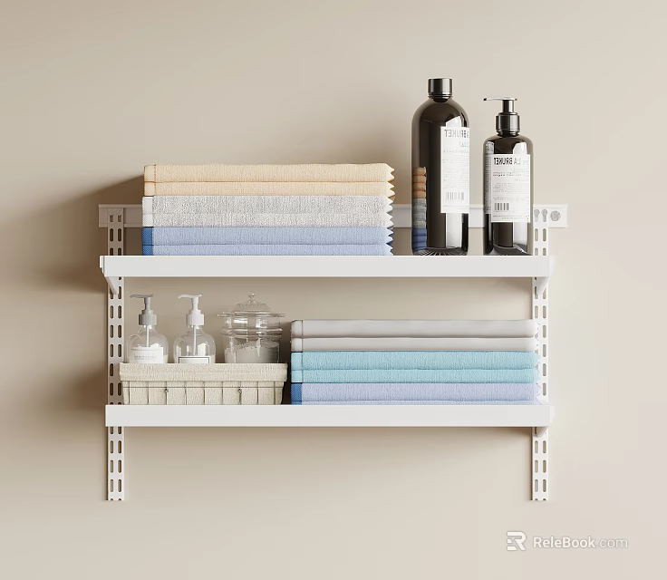 White Two Tier Bathroom Shelf With Light Blue And Beige Folded Towels And Bath Products 3d model 