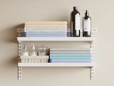 White Two Tier Bathroom Shelf With Light Blue And Beige Folded Towels And Bath Products 3d model